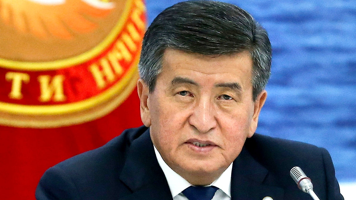 Kyrgyzstan's President Sooronbai Jeenbekov speaks at the Eurasian Economic Union Intergovernmental Council in Cholpon-Ata, Kyrgyzstan, Aug. 9, 2019. (Associated Press)