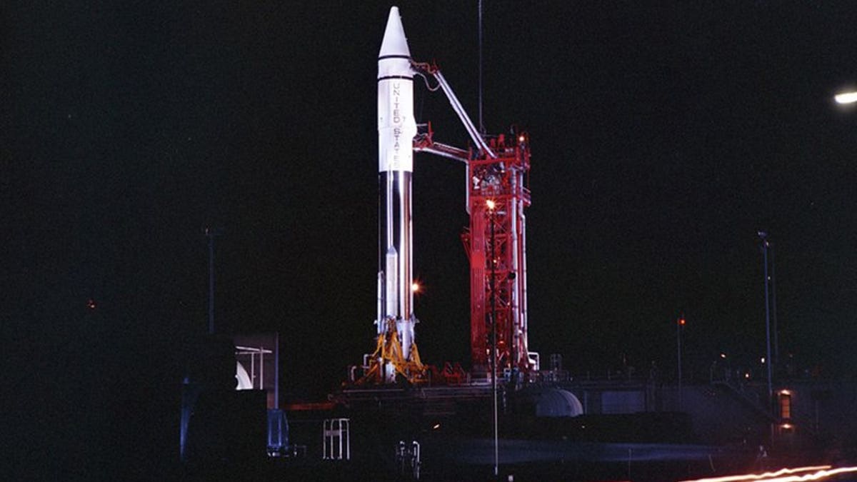 This Sept. 20, 1966 photo provided by the San Diego Air and Space Museum shows an Atlas Centaur 7 rocket on the launchpad at Cape Canaveral, Fla. NASA's leading asteroid expert, Paul Chodas, speculates that asteroid 2020 SO, as it is formally known, is actually a Centaur upper rocket stage that propelled NASA’s Surveyor 2 lander to the moon in 1966 before it was discarded. (Convair/General Dynamics Astronautics Atlas Negative Collection/San Diego Air and Space Museum via AP)