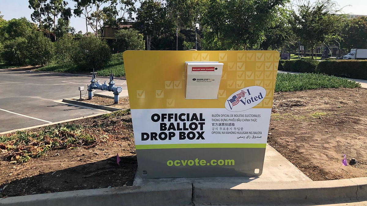 Official ballot drop boxes in Orange County, California are designed to meet state standards for security and bear the official Orange County Elections logo (Registrar of Voters for Orange County) 