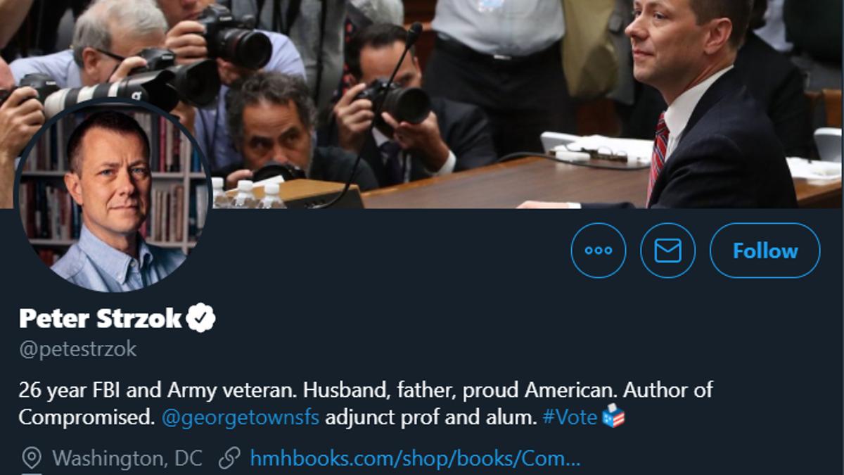 A screenshot of former FBI special agent Peter Strzok's Twitter bio, which now includes his role at Georgetown University.