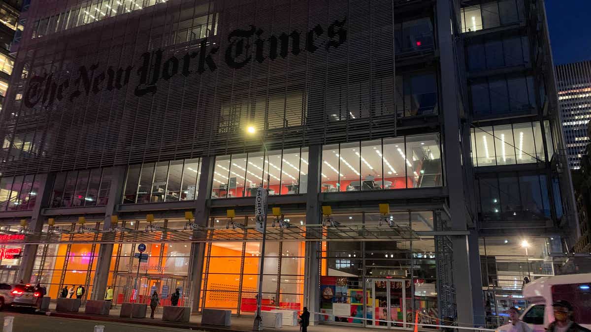 The scene outside the New York Times building Oct. 15 after the NYPD took a man seen climbing up the side of the midtown Manhattan building into custody.