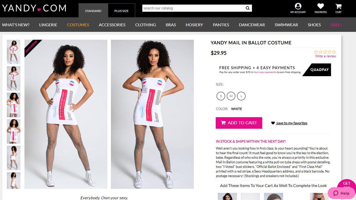 The "official ballot" costume is made of a white tube dress with a "sexy headquarters address" printed on it. 