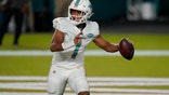 Miami Dolphins quarterback Tua Tagovailoa (1) looks to pass during the second half of an NFL football game against the New York Jets, Sunday, Oct. 18, 2020, in Miami Gardens, Fla. (AP Photo/Lynne Sladky)