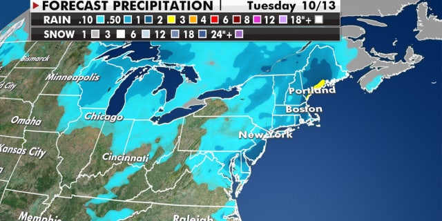 Forecast rain amounts through Tuesday across the Northeast.