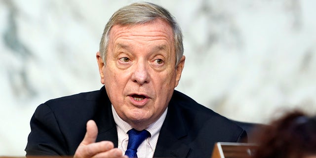 Sen. Dick Durbin, D-Ill., speaks before the Senate Judiciary Committee on the fourth day of hearing on Supreme Court nominee Amy Coney Barrett, Thursday, Oct. 15, 2020, on Capitol Hill in Washington. (AP Photo/Susan Walsh, Pool)