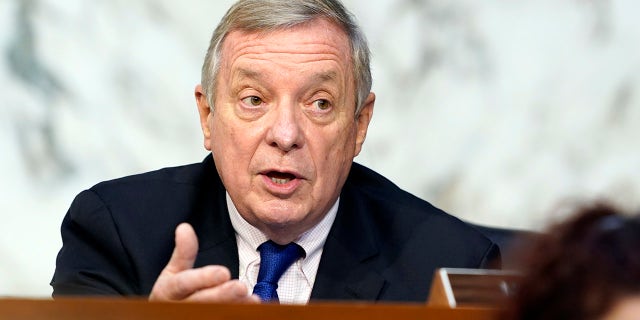 Sen. Dick Durbin, D-Ill., speaks before the Senate Judiciary Committee on the fourth days of hearing on Supreme Court nominee Amy Coney Barrett, Thursday, Oct. 15, 2020, on Capitol Hill in Washington. (AP Photo/Susan Walsh, Pool)