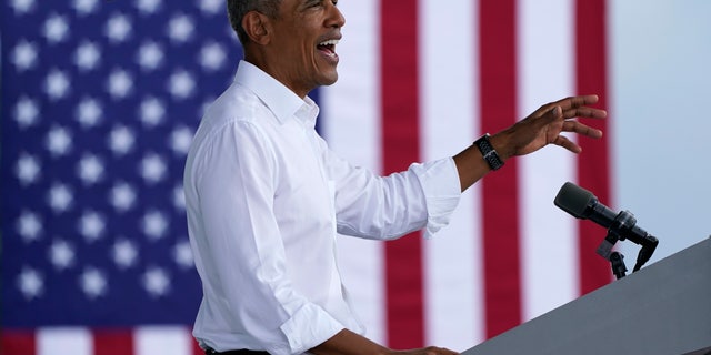 Former President Barack Obama speaks as he campaigns for Democratic presidential candidate former Vice President Joe Biden at Florida International University, Saturday, Oct. 24, 2020, in North Miami, Fla. (AP Photo/Lynne Sladky)