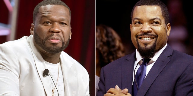 A manipulated photo of Curtis "50 Cent" Jackson and Ice Cube, whose real name is O'Shea Jackson, in hats that appear to show support for President Trump circulated widely on social media Tuesday, fueled in part by a tweet from Eric Trump. It was shared thousands of times on Twitter and Facebook since Monday. 