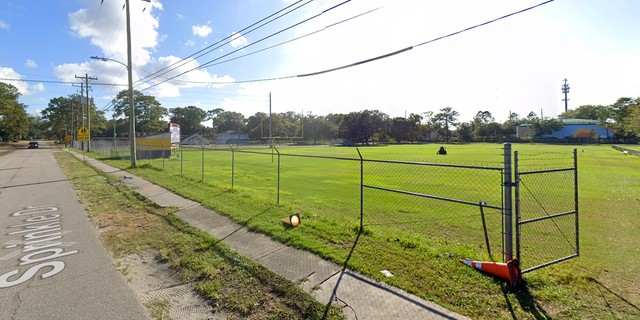 The youth football field in Jacksonville where a man and his son were struck by gunfire Sunday evening. The boy was injuried; his father was killed. 