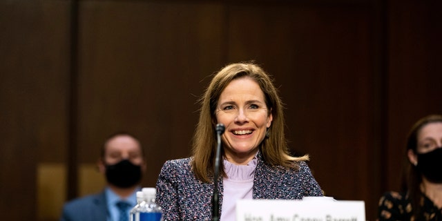 Supreme Court candidate Amy Coney Barrett testifies during the third day of her confirmation hearings before the Senate Judiciary Committee on Capitol Hill in Washington, Wednesday, October 14, 2020. (Anna Moneymaker / The New York Times via AP , Pool)