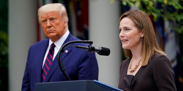 Judge Amy Coney Barrett speaks after President Donald Trump announced Barrett as his nominee to the Supreme Court, in the Rose Garden at the White House, Saturday, Sept. 26, 2020, in Washington. (Associated Press)
