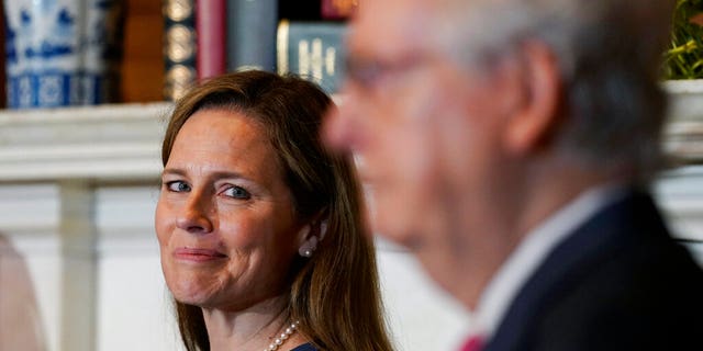 Supreme Court nominee Judge Amy Coney Barrett looks over to Senate Majority Leader Mitch McConnell of Ky., as they meet with on Capitol Hill in Washington, Tuesday, Sept. 29, 2020. (Associated Press)