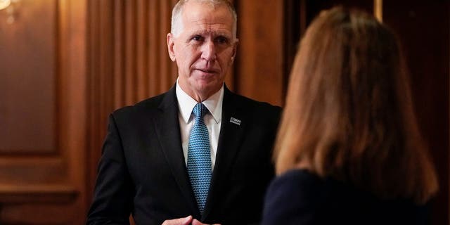 Sen. Thom Tillis, R-N.C., meets with Judge Amy Coney Barrett, President Donald Trump's nominee to the Supreme Court, on Capitol Hill in Washington, Wednesday, Sept, 30, 2020. (Joshua Roberts/Pool via AP)