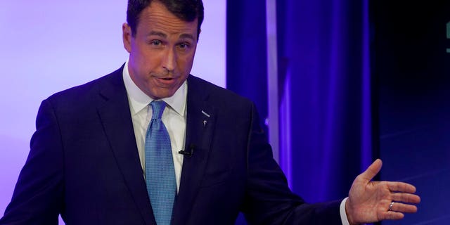 FILE - Democratic challenger Cal Cunningham speaks during a televised debate with U.S. Sen. Thom Tillis, R-N.C., Thursday, Oct. 1, 2020, in Raleigh, N.C. (AP Photo/Gerry Broome, Pool, file)