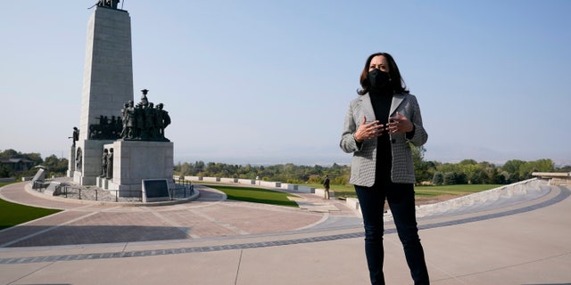 Democratic vice presidential candidate, Sen. Kamala Harris, D-Calif., speaks after visiting the This Is the Place Monument, Saturday, Oct. 3, 2020, in Salt Lake City. The monument commemorates the end of the westward journey of Mormon pioneers to Utah as well as early explorers of the West. (AP Photo/Patrick Semansky)