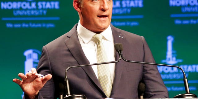 Republican U.S. Senate candidate Daniel Gade of Virginia speaks during a debate at Norfolk State University, Saturday, Oct. 3, 2020, in Norfolk, Va. (Associated Press)