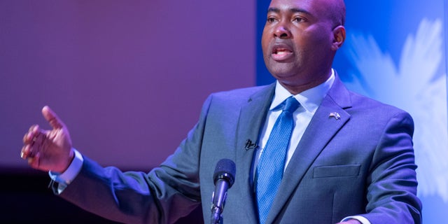 Democratic challenger Jaime Harrison speaks during the South Carolina U.S. Senate debate with Sen. Lindsey Graham, R-S.C., at Allen University in Columbia, S.C., Saturday, Oct. 3, 2020. (Joshua Boucher/The State via AP)