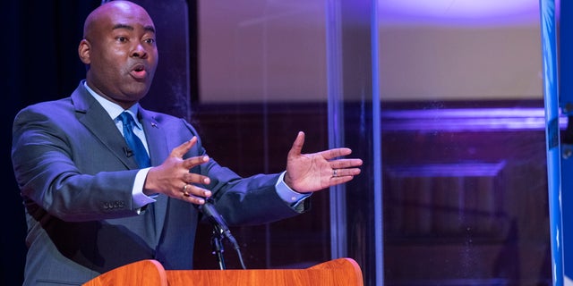 Jaime Harrison speaks during the South Carolina U.S. Senate debate with Sen. Lindsey Graham, R-S.C., at Allen University in Columbia, S.C., Saturday, Oct. 3, 2020. (Joshua Boucher/The State via AP)