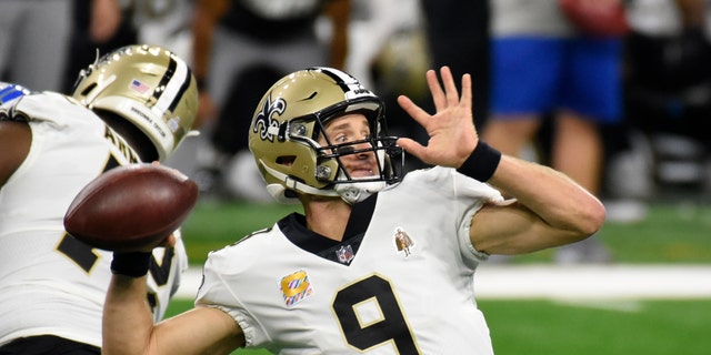 New Orleans Saints quarterback Drew Brees throws during the first half of an NFL football game against the Detroit Lions on Sunday, October 4, 2020, in Detroit.