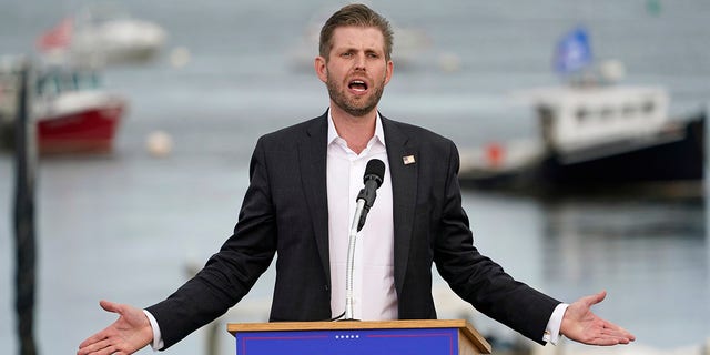 Eric Trump, son of President Donald Trump, speaks at a campaign rally for his father, Tuesday, Sept. 17, 2020, in Saco, Maine.