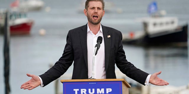 Eric Trump, son of President Donald Trump, speaks at a campaign rally for his father, Tuesday, Sept. 17, 2020, in Saco, Maine.