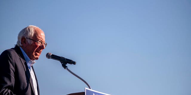 Sen. Bernie Sanders speaks to the crowd at a car rally campaign event for Democratic presidential candidate former Vice President Joe Biden on Monday, Oct. 5, 2020, in Warren, Mich. 