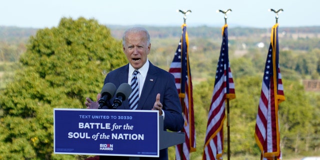 Democratic presidential candidate former Vice President Joe Biden speaks at Gettysburg National Military Park in Gettysburg, Pa., Tuesday, Oct. 6, 2020. (AP Photo/Andrew Harnik)