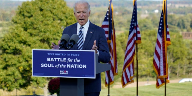 Democratic presidential candidate former Vice President Joe Biden speaks at Gettysburg National Military Park in Gettysburg, Pa., Tuesday, Oct. 6, 2020. (AP Photo/Andrew Harnik)