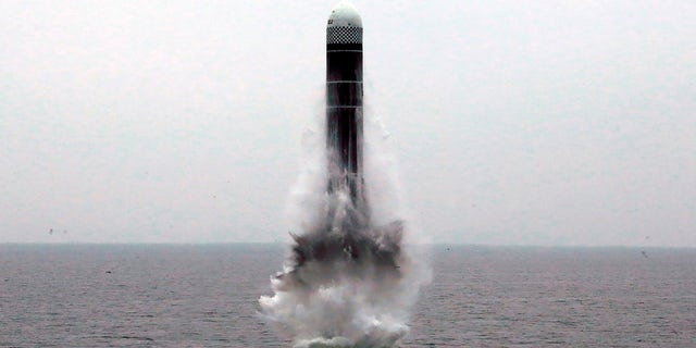 In this Oct. 2, 2019, photo provided by the North Korean government, an underwater-launched missile lifts off in the waters off North Korea's eastern coastal town of Wonsan, North Korea. (Korean Central News Agency/Korea News Service via AP, File)