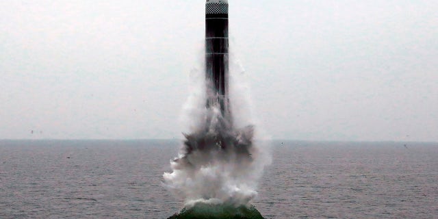 In this Oct. 2, 2019, photo provided by the North Korean government, an underwater-launched missile lifts off in the waters off North Korea's eastern coastal town of Wonsan, North Korea. (Korean Central News Agency/Korea News Service via AP, File)