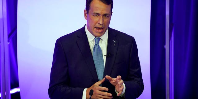 Oct. 1, 2020: Democratic challenger Cal Cunningham talks during a televised debate with Sen. Thom Tillis, R-N.C., in Raleigh, N.C. (AP Photo/Gerry Broome, Pool)