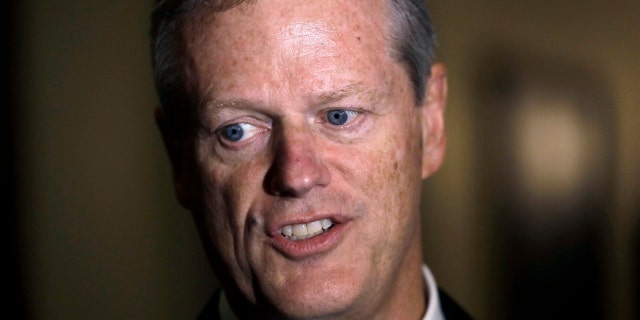 FILE - In this Monday, Sept. 16, 2019 file photo Massachusetts Gov. Charlie Baker speaks with reporters at the Statehouse, in Boston. (AP Photo/Steven Senne, File)