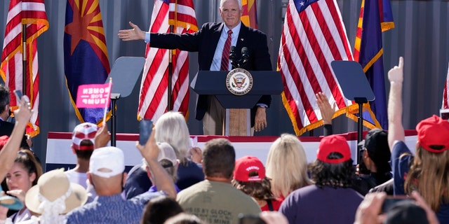 Vice President Mike Pence at a campaign rally at TYR Tactical Thursday, Oct. 8, 2020, in Peoria, Ariz. (AP Photo/Ross D. Franklin)