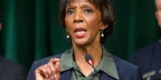 Los Angeles District Attorney Jackie Lacey talks during a news conference in Los Angeles.