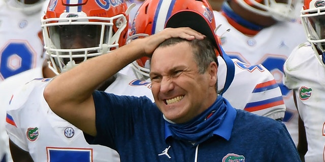 Dan Mullen reacts during the Sept. 26, 2020, game against Mississippi in Oxford, Mississippi.
