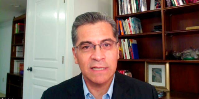 In a photo from streaming video, California Attorney General Xavier Becerra joins in an announcement of cease-and-desist orders being issued to the Republican Party for placing unofficial ballot collection boxes in several counties, during a virtual news conference from Sacramento, Calif., Monday, Oct. 12, 2020. (State of California via AP)