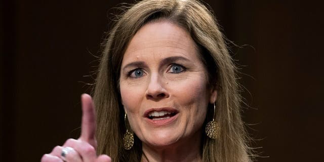 Supreme Court nominee Amy Coney Barrett speaks during her confirmation hearing before the Senate Judiciary Committee on Capitol Hill in Washington, Tuesday, Oct. 13, 2020. (Tom Williams/Pool via AP)
