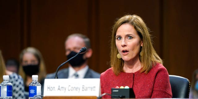 Supreme Court Justice Amy Coney Barrett speaks during a confirmation hearing before the Senate Judiciary Committee, Tuesday, Oct. 13, 2020, on Capitol Hill in Washington. Barrett spoke at the University of Louisville's McConnell Center on Sunday. (AP Photo/Patrick Semansky, Pool)