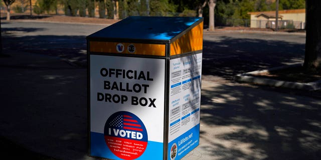 An official ballot drop box is seen Wednesday, Oct. 14, 2020, in Santa Clarita, California. (AP Photo/Marcio Jose Sanchez)