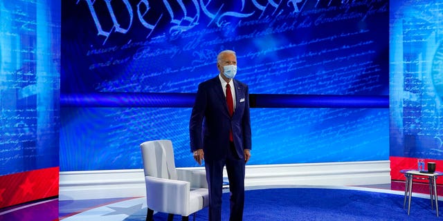 Democratic presidential candidate former Vice President Joe Biden participates in a town hall with moderator ABC News anchor George Stephanopoulos at the National Constitution Center in Philadelphia, Thursday, Oct. 15, 2020. (AP Photo/Carolyn Kaster)