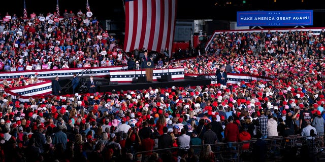 President Donald Trump speaks during a campaign rally at Middle Georgia Regional Airport, Oct. 16, in Macon, Ga. (AP Photo/Evan Vucci)