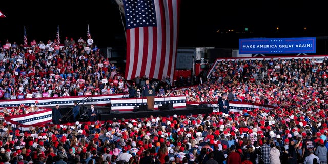 President Donald Trump speaks during a campaign rally at Middle Georgia Regional Airport, Friday, Oct. 16, 2020, in Macon, Ga. (AP Photo/Evan Vucci)