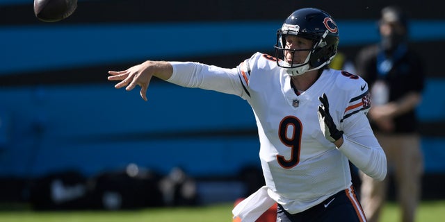 Chicago Bears quarterback Nick Foles (9) passes against the Carolina Panthers during the first half of an NFL football game in Charlotte, N.C., Sunday, Oct. 18, 2020. (AP Photo/Mike McCarn)