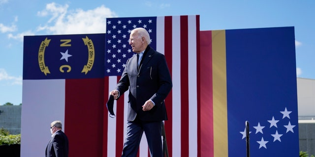 Democratic presidential candidate former Vice President Joe Biden arrives to speak during a campaign event at Riverside High School in Durham, N.C., Sunday, Oct. 18, 2020. (AP Photo/Carolyn Kaster)