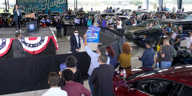 Democratic vice presidential candidate Sen. Kamala Harris, D-Calif., speaks to supporters at a campaign event Monday, Oct. 19, 2020, in Orlando, Fla. (AP Photo/John Raoux)