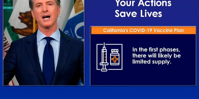 In this image taken from a live-streamed video from the California Governor's Office, California Gov. Gavin Newsom talks during a news conference on Monday, Oct. 19, 2020, in Sacramento, Calif.