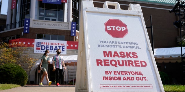 A sign greets visitors outside the Curb Event Center at Belmont University as preparations take place for the second Presidential debate, Tuesday, Oct. 20, 2020, in Nashville, Tenn., during the coronavirus outbreak. (AP Photo/Patrick Semansky)