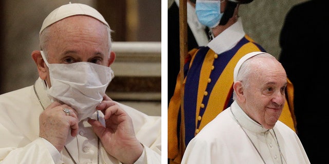 In this combo picture, Pope Francis adjusts his face mask as he attends an inter-religious ceremony for peace in Rome Tuesday, and arrives for his general audience at the Vatican without mask Wednesday, Oct. 21, 2020.  (AP Photo/Gregorio Borgia)