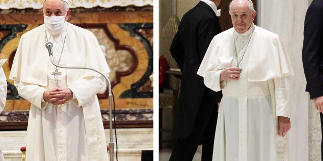 In this combo photo, Pope Francis attends an inter-religious ceremony for peace, wears a face mask in Rome on Tuesday, and arrives at the Vatican on Wednesday, October 21, 2020 for his general audience. The day after donating the face mask. For the first time during an obstetric service, Pope Francis had returned to his mask-less old ways during his general audience at the Vatican, despite a coronovirus infection throughout Europe. (AP Photo / Gregorio Borgia)