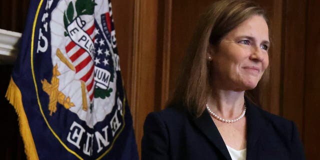 Supreme Court nominee Amy Coney Barrett meets with Sen. Lamar Alexander, R-Tenn., not pictured, Wednesday, Oct. 21, 2020, on Capitol Hill in Washington. (Alex Wong/Pool via AP)